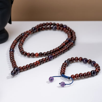  Red Sandalwood and Amethyst Gemstone chakra Bracelet and Mala beads