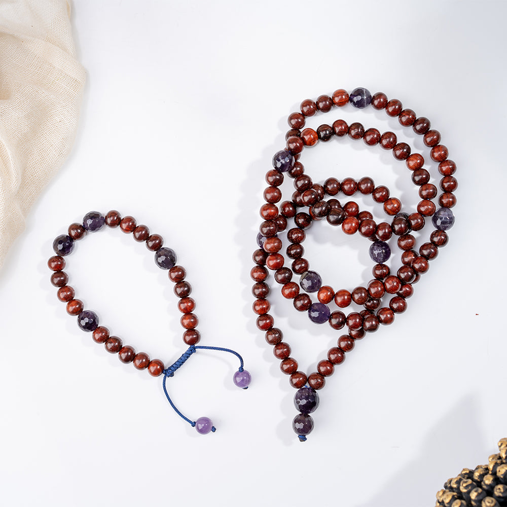  Red Sandalwood and Amethyst Gemstone chakra Bracelet and Mala beads