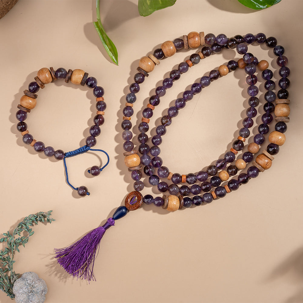  Amethyst Gemstone and White Sandalwood Mala Beads - Bracelet