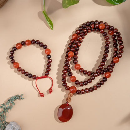 Red Sandalwood and Orange Carnelian Gemstone Bracelet and Mala